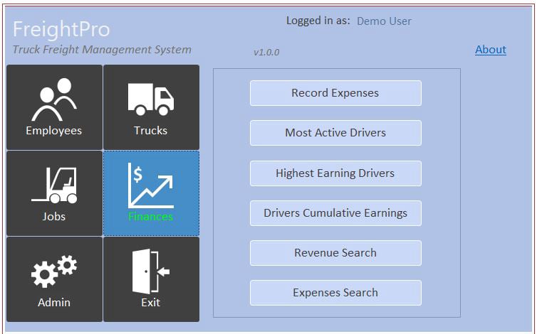 Dashboard (Finances Section) of Truck Freighting App